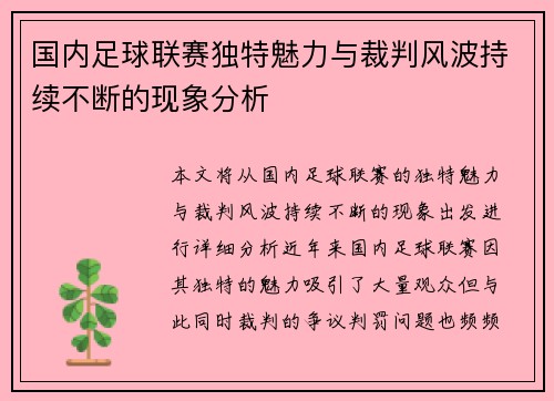国内足球联赛独特魅力与裁判风波持续不断的现象分析