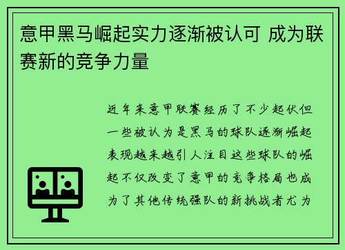 意甲黑马崛起实力逐渐被认可 成为联赛新的竞争力量