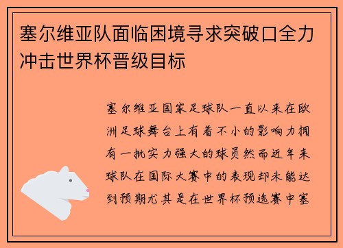 塞尔维亚队面临困境寻求突破口全力冲击世界杯晋级目标