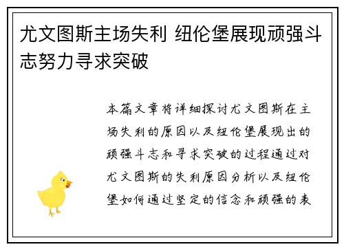尤文图斯主场失利 纽伦堡展现顽强斗志努力寻求突破