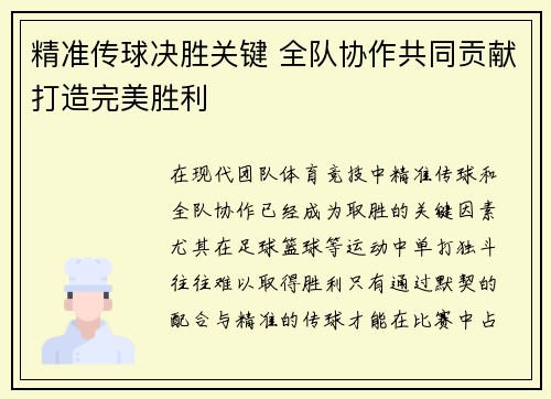 精准传球决胜关键 全队协作共同贡献打造完美胜利